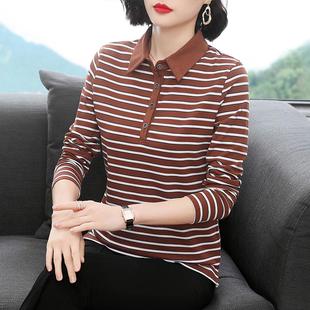 中老年POLO衫 五十多岁妈妈秋装 打底衫 有领纯棉长袖 t恤女条纹大码