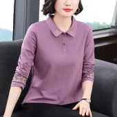 翻领打底衫 高贵妈妈款 t恤女春装 有领纯棉长袖 洋气上衣中老年时尚