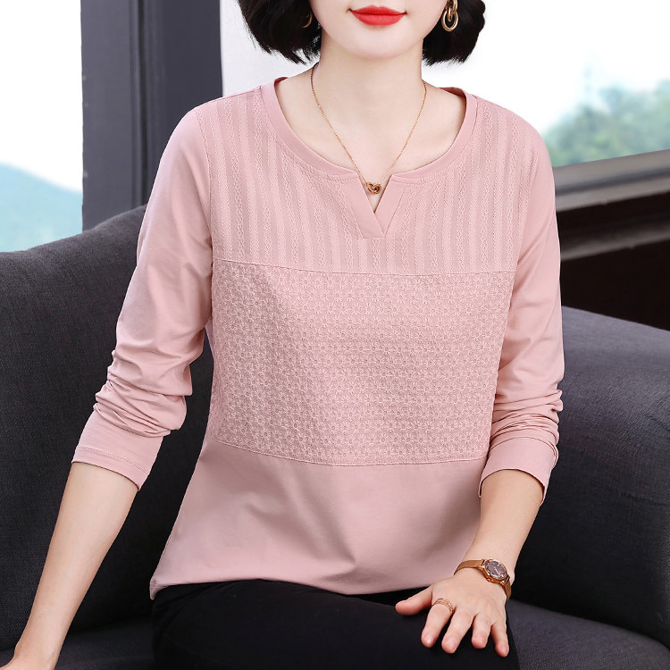 休闲风纯棉长袖T恤女V领刺绣宽松百搭减龄套头上衣中年妈妈打底衫