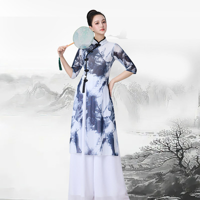 古典舞蹈演出服民族旗袍身韵长款纱衣表演广场舞服装套装女2603