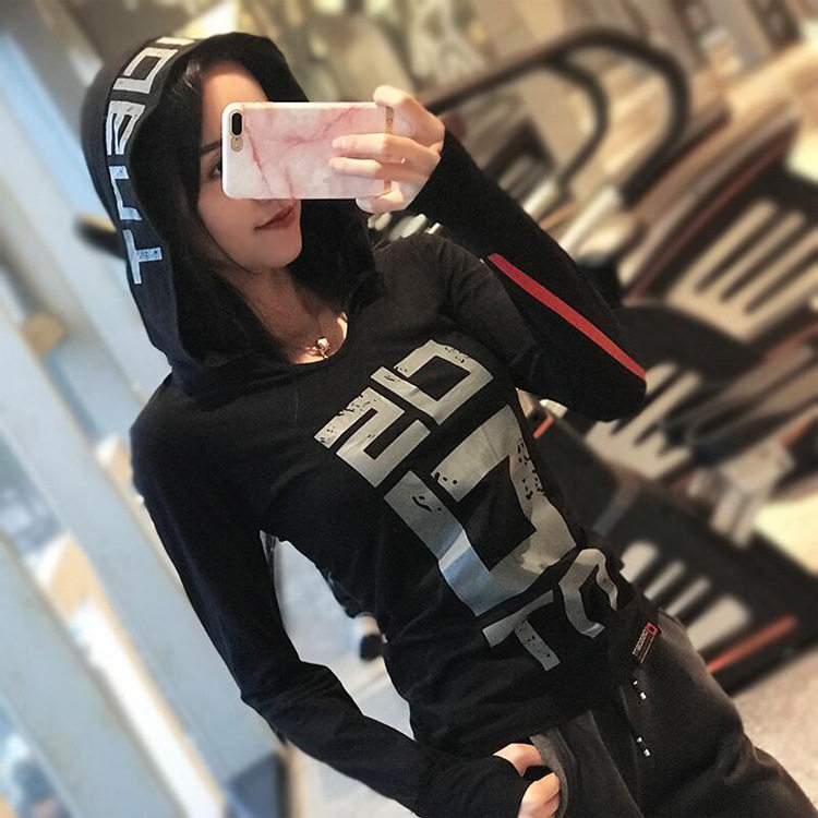 连帽瑜伽服上衣潮个性字母弹力透气运动T恤显瘦跑步快干健身长袖