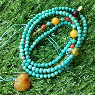 【dongdoon】天然A货绿松石原矿高瓷玉化蓝色系108佛珠佩玉链手串