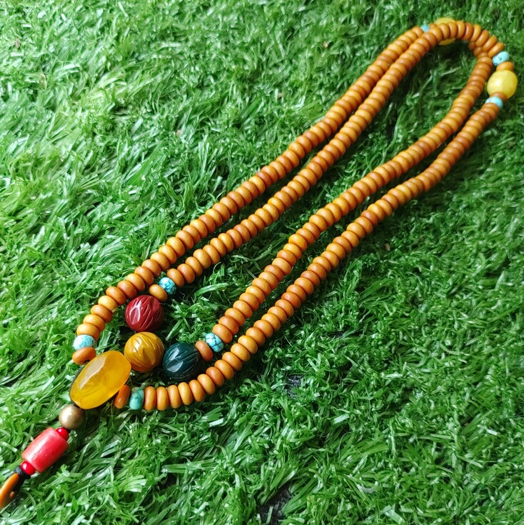 【定出】天然A货原矿蜜蜡绿松阿拉善橄榄108佩玉链