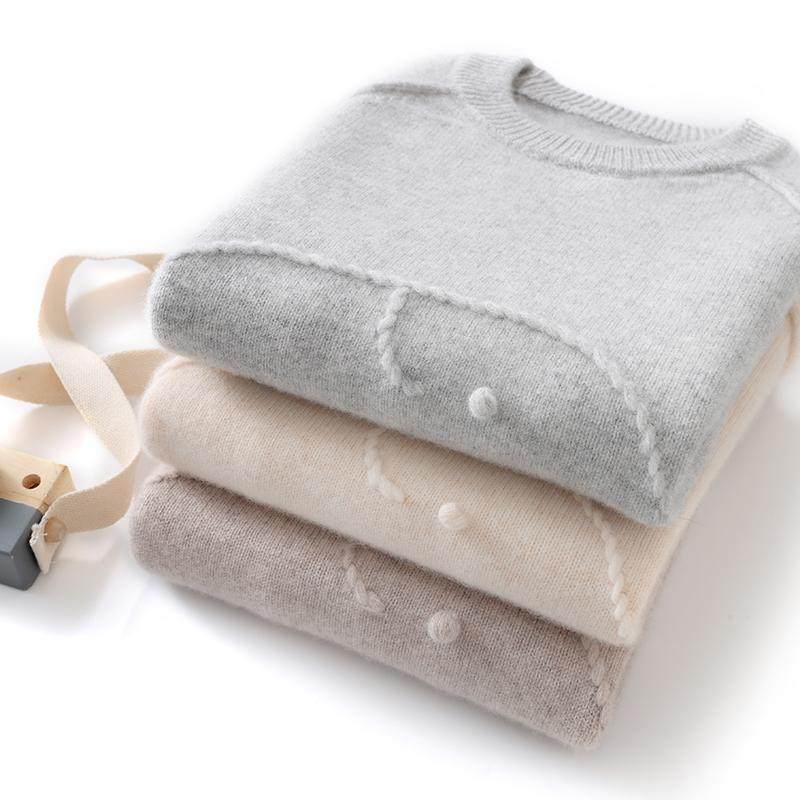 儿童100%纯羊毛衫米白针织衫女童套头打底衫灰色长袖上衣圆领毛衣