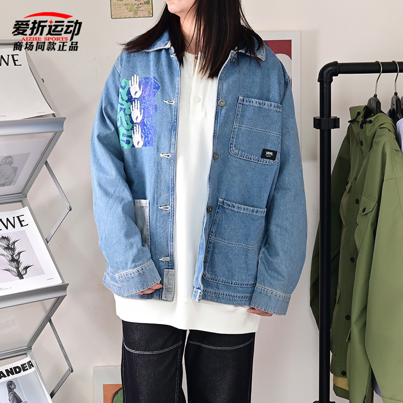 VANS 范斯新款手指印花女子运动休闲翻领夹克牛仔外套VN000G8T7W6