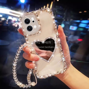 钻爱心镜子适用opporeno14手机壳RENO12全包reno13透明K10软套9pro+防摔FindX8保护5K带挂绳6se女新款7