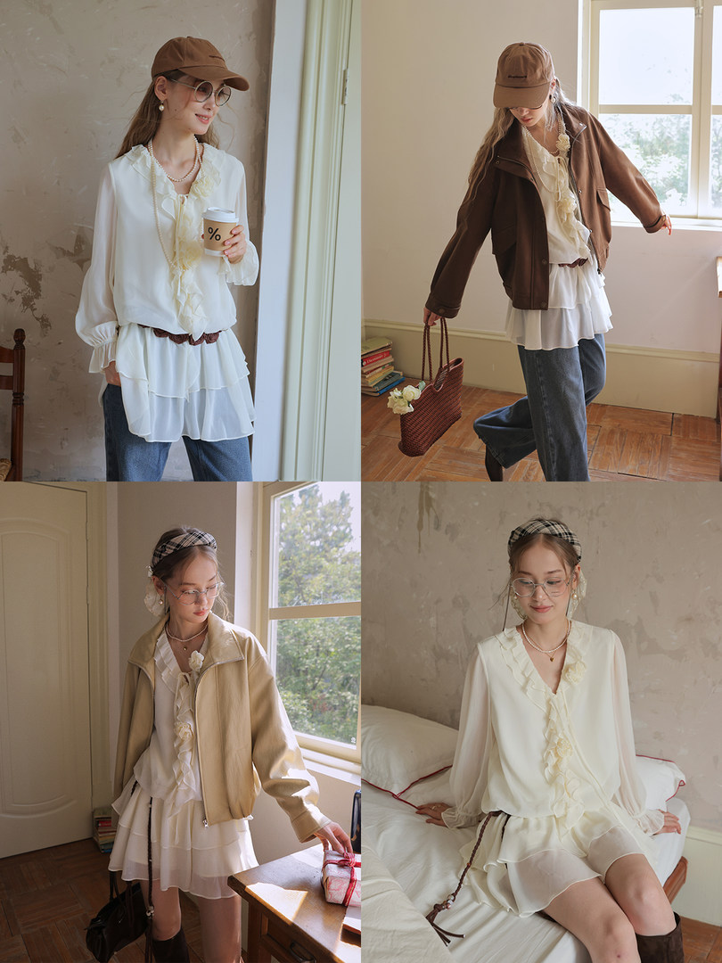 White ruffled chiffon dress worn by a model in multiple outfit poses