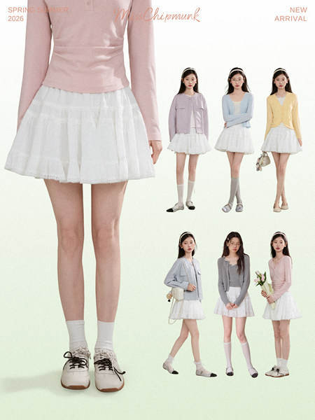 Fashion collage of women modeling a white pleated mini skirt with pastel cardigans