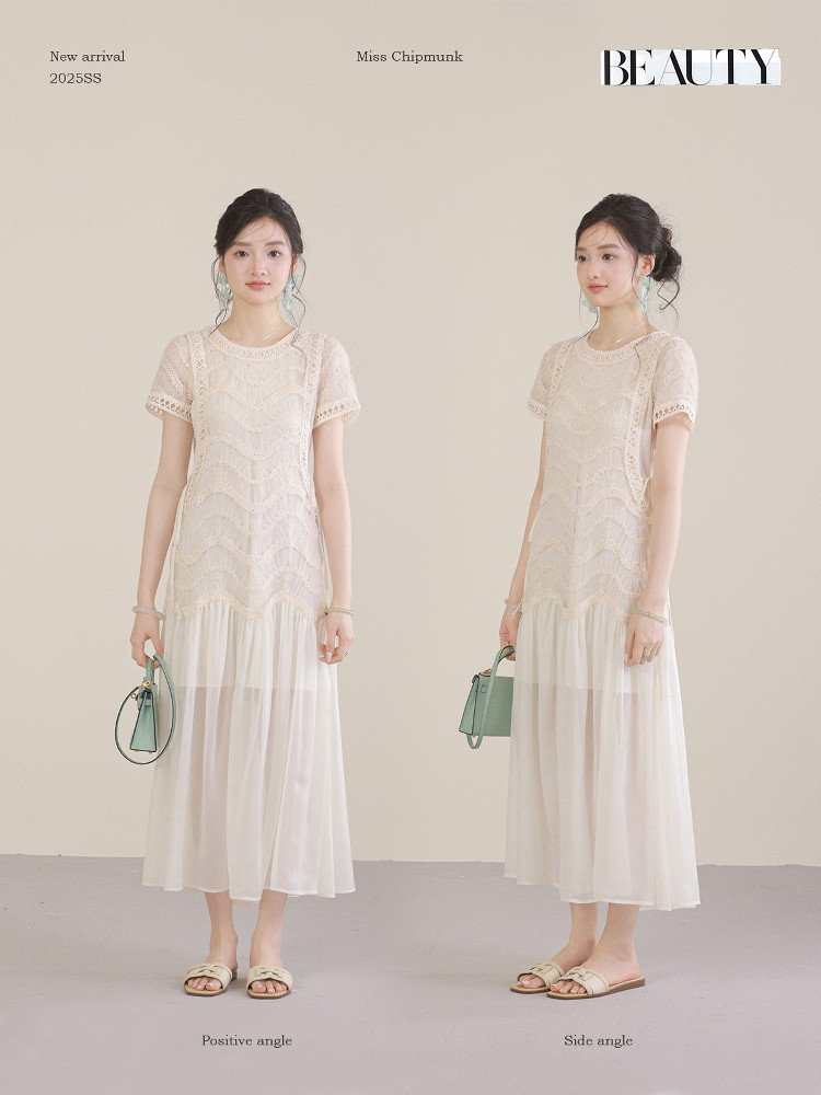 Cream lace midi dress worn by a model in front and side views