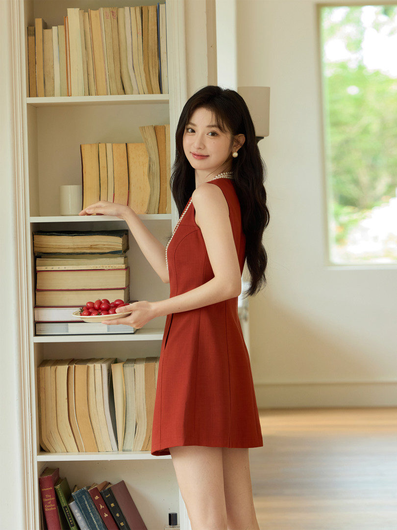 Woman wearing a sleeveless red dress indoors