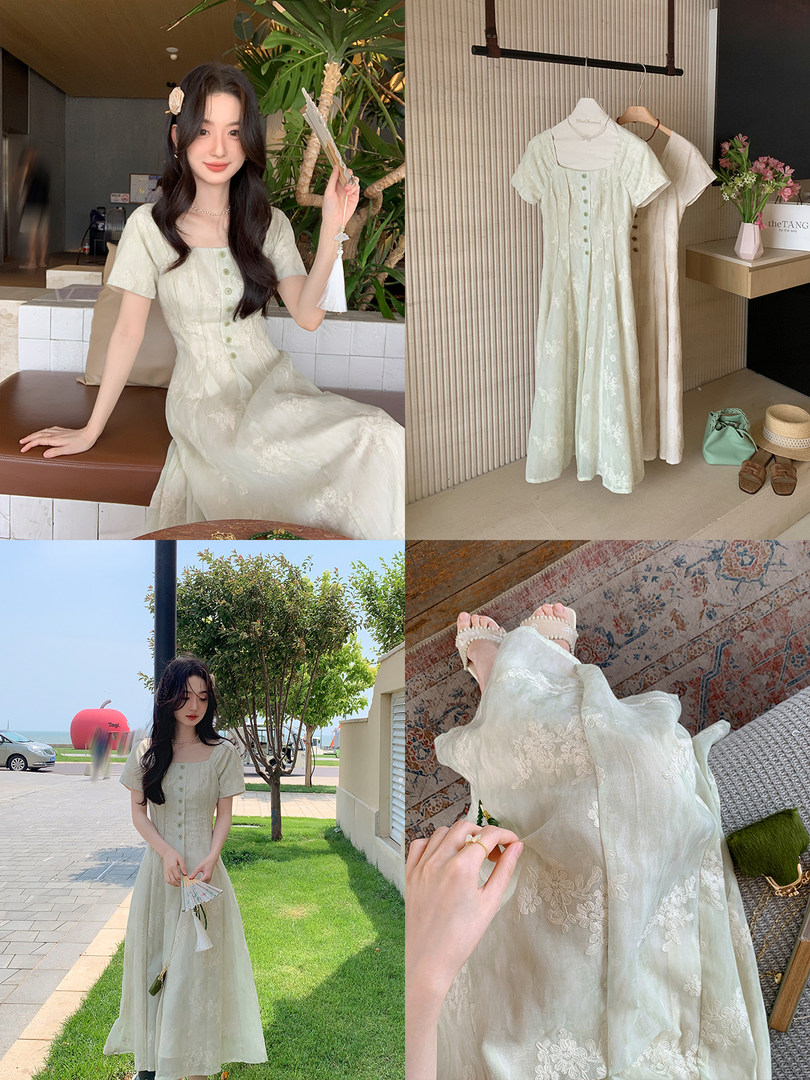 Light green short-sleeve floral dress shown on a model and on a hanger