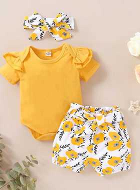 欧美婴儿夏季短袖三角哈衣套装女宝宝碎花包屁爬服配头巾三件套