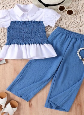 外贸新款女童夏季拼接打缆儿童短袖上衣阔腿长裤套装中大童夏装