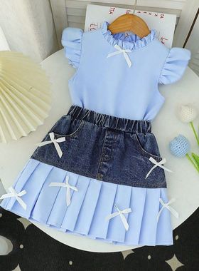 女童花边短袖牛仔半身裙套装2025夏款纯色荷叶边衬衫拼接百褶短裙