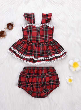 夏季新生儿套装新款格子圣诞款三角哈衣女宝无袖吊带裙三角包屁裤