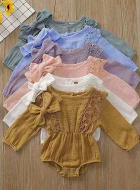 新生儿秋季服装女婴长袖包庇纯色蕾丝连衫裤适 24个月的衣服