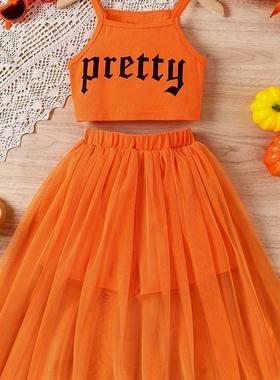 外贸跨境2025年新款夏季女童衣服儿童吊带上衣+半身裙套装中大童