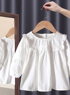 女童棉质长袖洋气宽松圆领2023新款女宝衬衣纯色打底衣春秋衬衣潮
