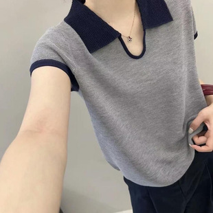 女装 简约polo剪刀领洋气时尚 设计感高品质百搭显瘦拼色针织衫