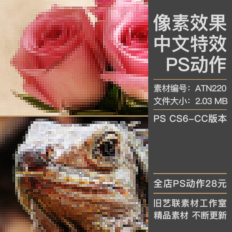 中文特效ps动作照片添加马赛克像素格子立体绘画效果插件设计素材