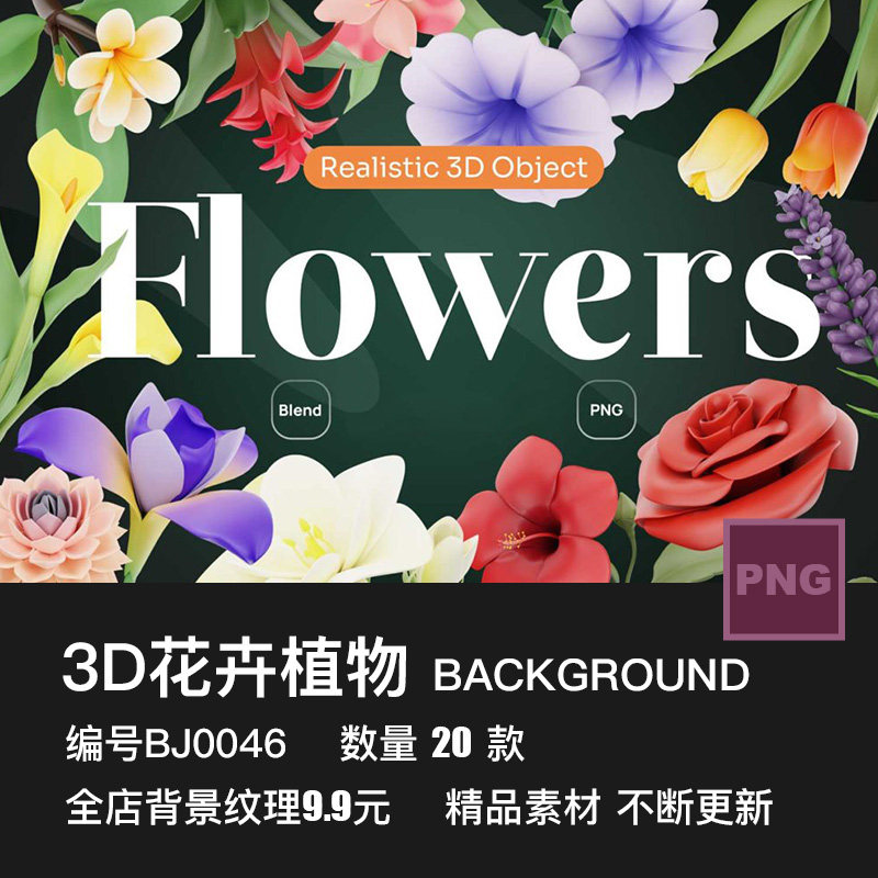 逼真3D花卉植物花朵玫瑰向日葵樱花图案插图免抠PNG图片设计素材