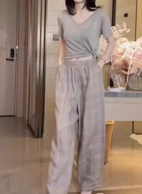 24325大爱美依缘2025夏季新款静版V领短袖T恤高腰阔腿裤时尚显瘦