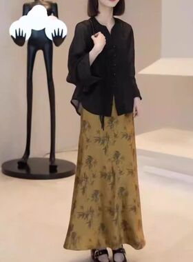 24760大爱美依缘2025秋季新款复古中式长袖衬衫高腰印花半身裙女