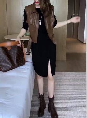 22775大爱美依缘2024秋季新款长袖开叉中长款连衣裙+PU马甲时尚女