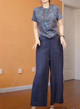 25601大爱美依缘2025夏季新款韩版印花短袖T恤休闲裤纯色直筒裤潮
