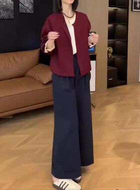 24806大爱美依缘2025秋季新韩版宽松长袖假两件上衣休闲阔腿裤女