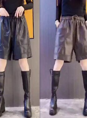 88072大爱美依缘2025冬季新款个性显瘦松紧腰PU五分休闲裤时尚女