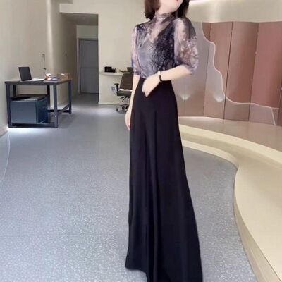 25190大爱美依缘2025新款时尚中袖薄款印花上衣高腰阔腿长裤洋气