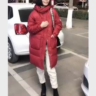 发596大爱美依缘2024冬季新韩版棉服女款红色连帽长款保暖棉衣潮