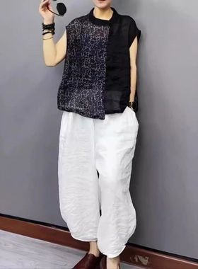 24393大爱美依缘2024夏季新款圆领宽松拼接衬衫休闲哈伦裤时尚女