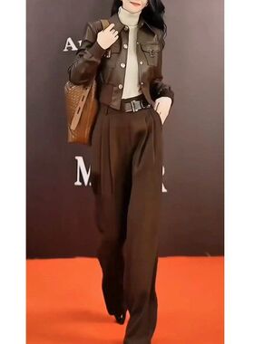 23738大爱美依缘2025秋冬新款时尚帅气皮衣外套高腰阔腿裤子女装