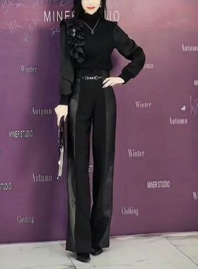 23752大爱美依缘2024秋冬新款洋气立体花高领上衣拼皮阔腿裤女潮