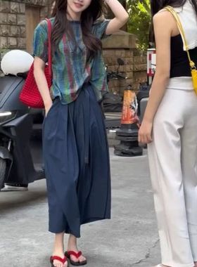 25318大爱美依缘2025夏季新款彩色条纹短袖上衣休闲宽松阔腿裤女