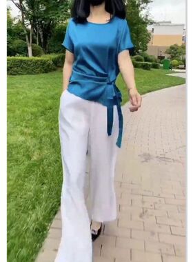 22553大爱美依缘2024夏季新款时尚收腰系带上衣宽松阔腿长裤女潮