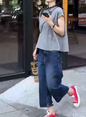 25586大爱美依缘2025夏季新款韩版宽松灰色短袖T恤直筒牛仔裤时尚