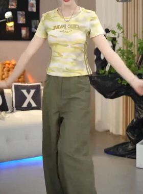 25512大爱美依缘2025夏季新款迷彩印花修身T恤宽松阔腿工装裤女潮