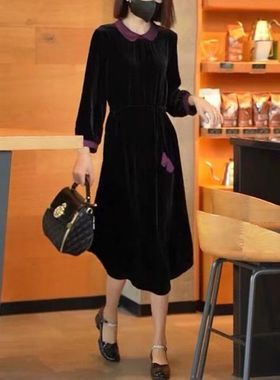 22798大爱美依缘2024秋冬新款丝绒连衣裙中长款撞色宽松显瘦女裙