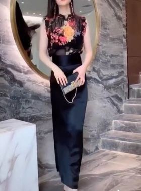 00170大爱美依缘2025夏季新款雪纺印花无袖上衣开叉高腰半身裙女