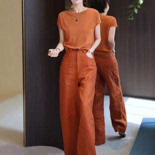 时尚 25228大爱美依缘2025夏季 T恤宽松阔腿裤 纯色圆领短袖 女潮 新款