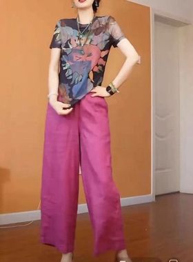 25622大爱美依缘2025夏季新款印花轻薄短袖上衣高腰宽松阔腿裤女