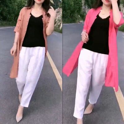 88253大爱美依缘2025新款彩色中长款衬衫外套+白色长裤时尚女装