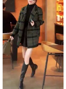 22867大爱美依缘2025秋冬新款毛呢韩版复古格纹呢子外套宽松女