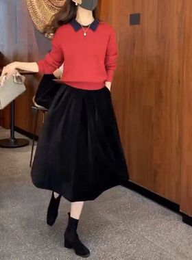 22939大爱美依缘2024早春新款时尚翻领长袖打底衫+半身裙套装女