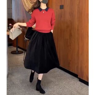 22939大爱美依缘2024早春新款时尚翻领长袖打底衫+半身裙套装女