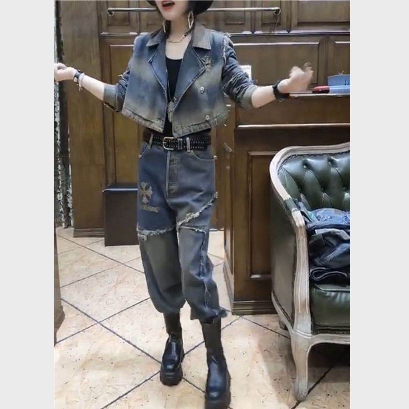 发302秋季时尚做旧休闲毛边牛仔短外套女+印花撞色牛仔裤套装女潮