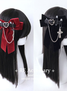 RE原创日系红黑色绒十字流苏大蝴蝶结发夹量产型发饰